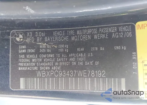 2007 BMW X3 3.0Si z USA, uszkodzony, nr VIN WBXPC93437WE78192